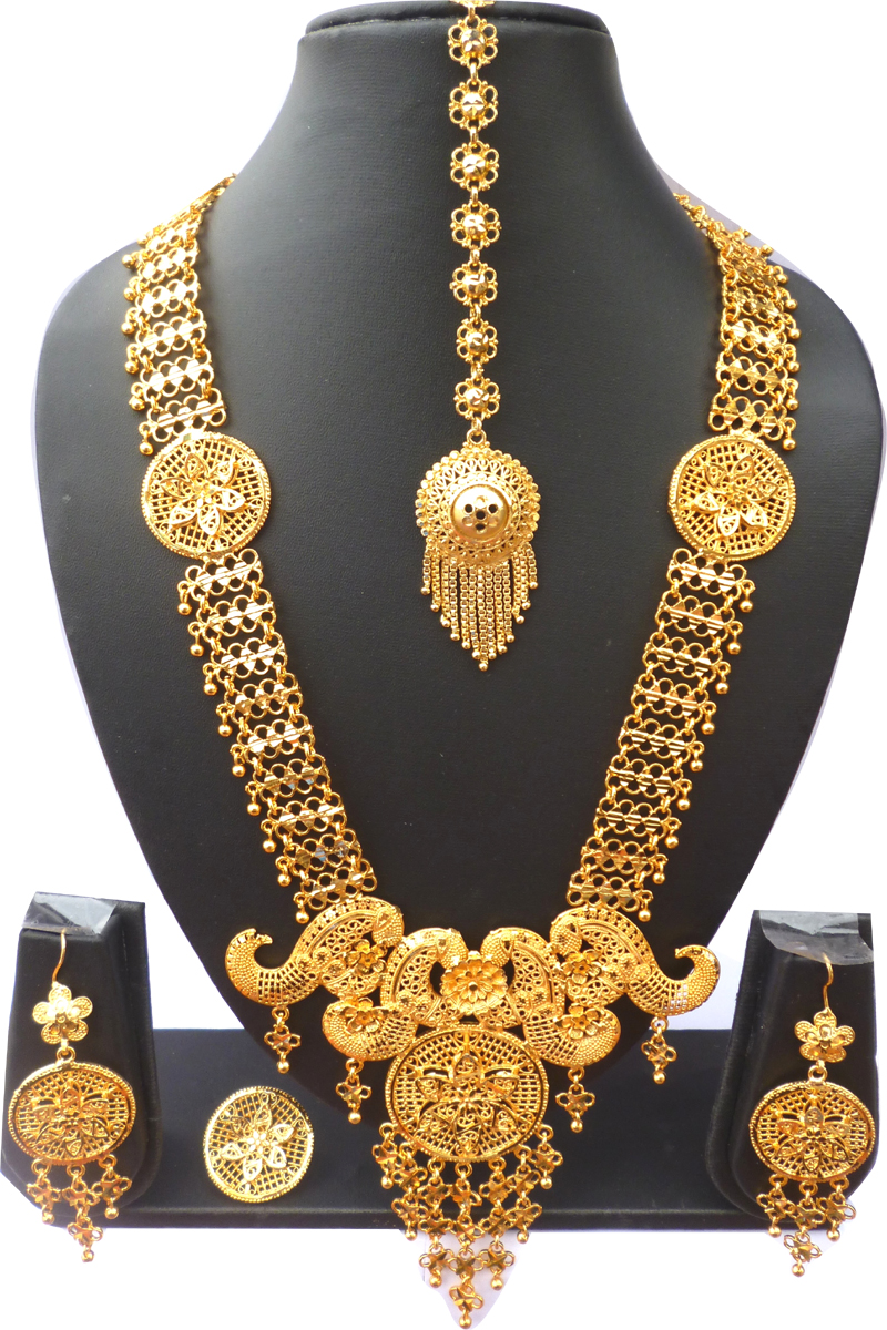 22K GOLD PLATED INDIAN 12 INCH LONG NECKLACE EARRINGS TIKKA FINGER RING ...