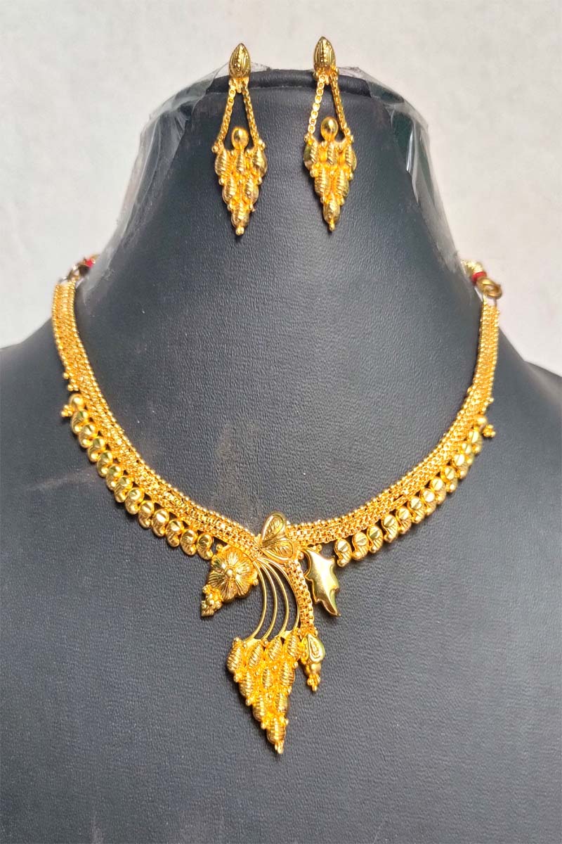 Gold Plated Long Stone Necklace with Earrings - South India Jewels